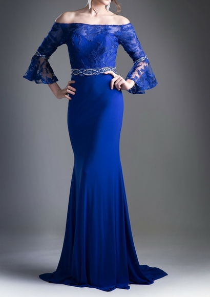 BELL LONG SLEEVE FORMAL EVENING GOWN IN ROYAL BLUE
